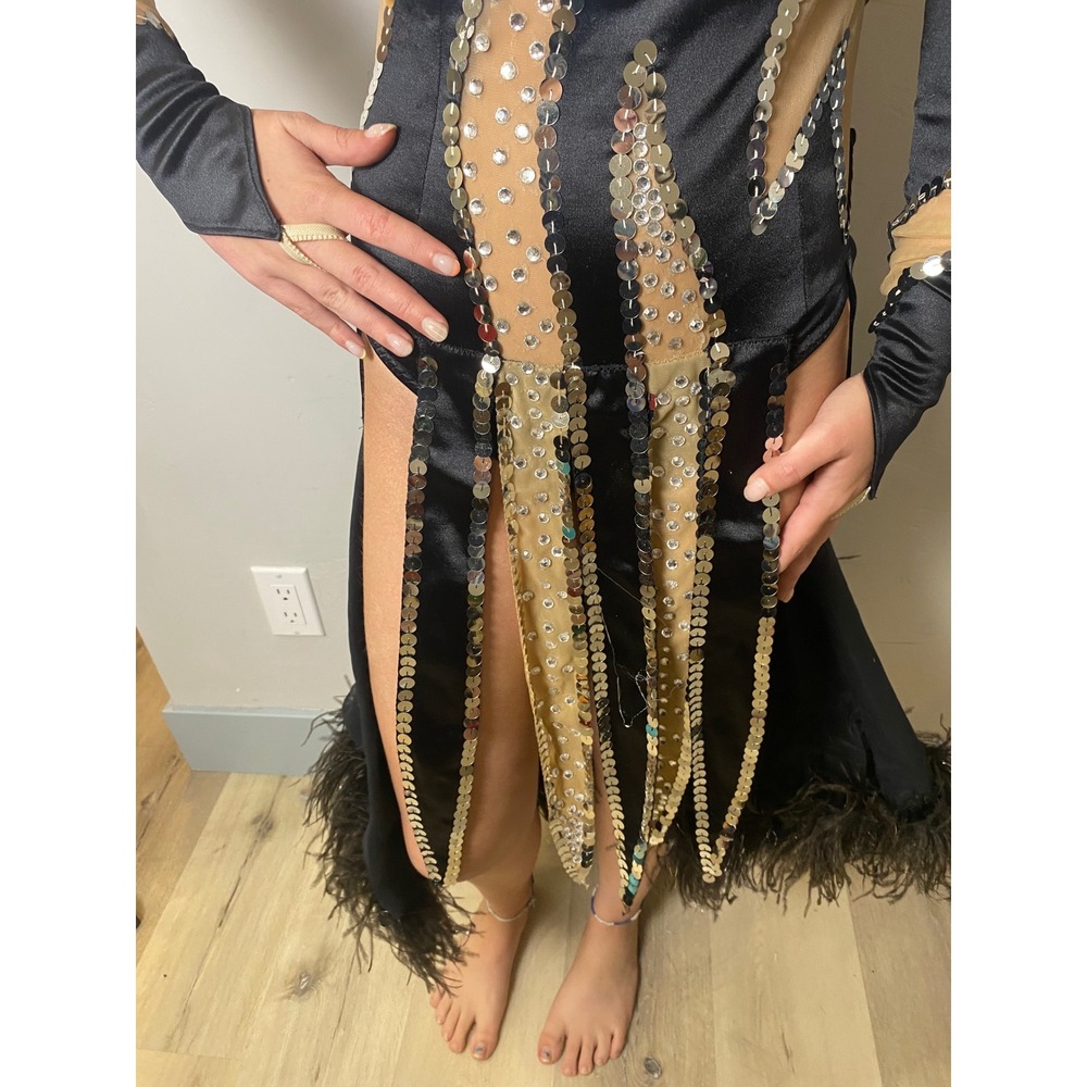 Vintage 60s Competition Figure Skating Dress Sequin Feather Black Vegas Showgirl - Picture 3 of 9